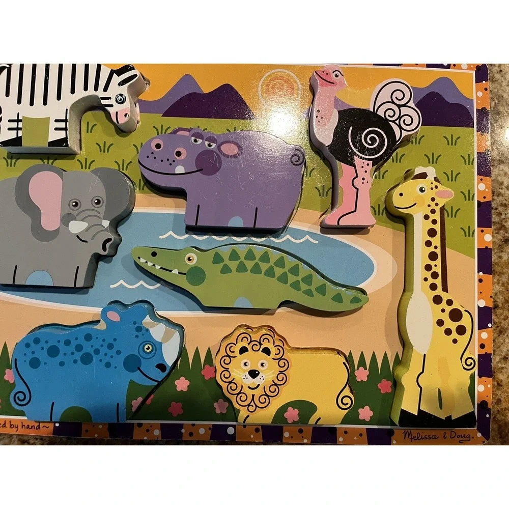 Melissa & Doug Wooden Chunky Puzzles Safari Animals 2014  8 Pieces Excellent